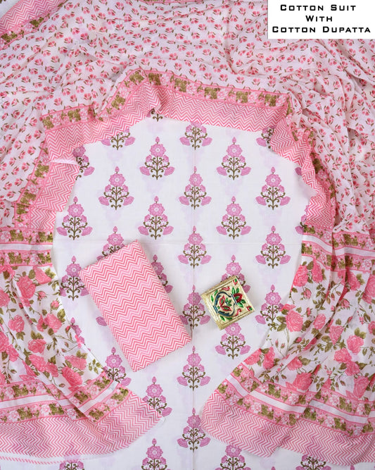 Designer Hand Block Printed Cotton Suit Set With Cotton Dupatta
