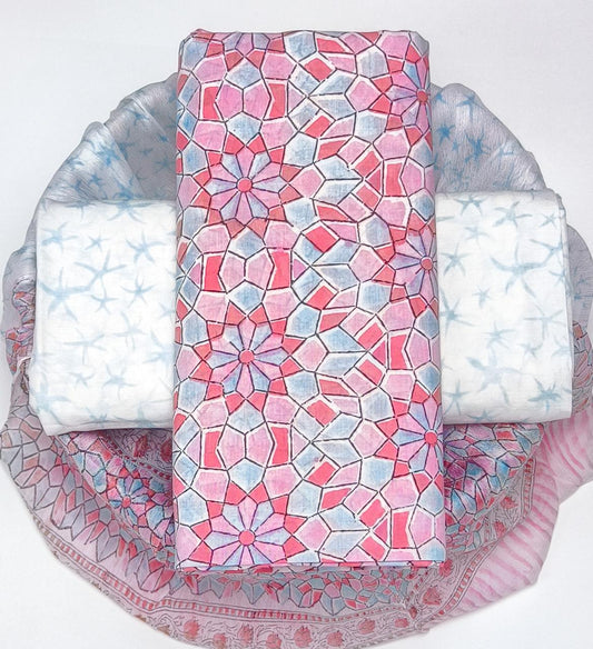 Pure Cotton Hand Block Printed Suit Set With Chiffon Dupatta