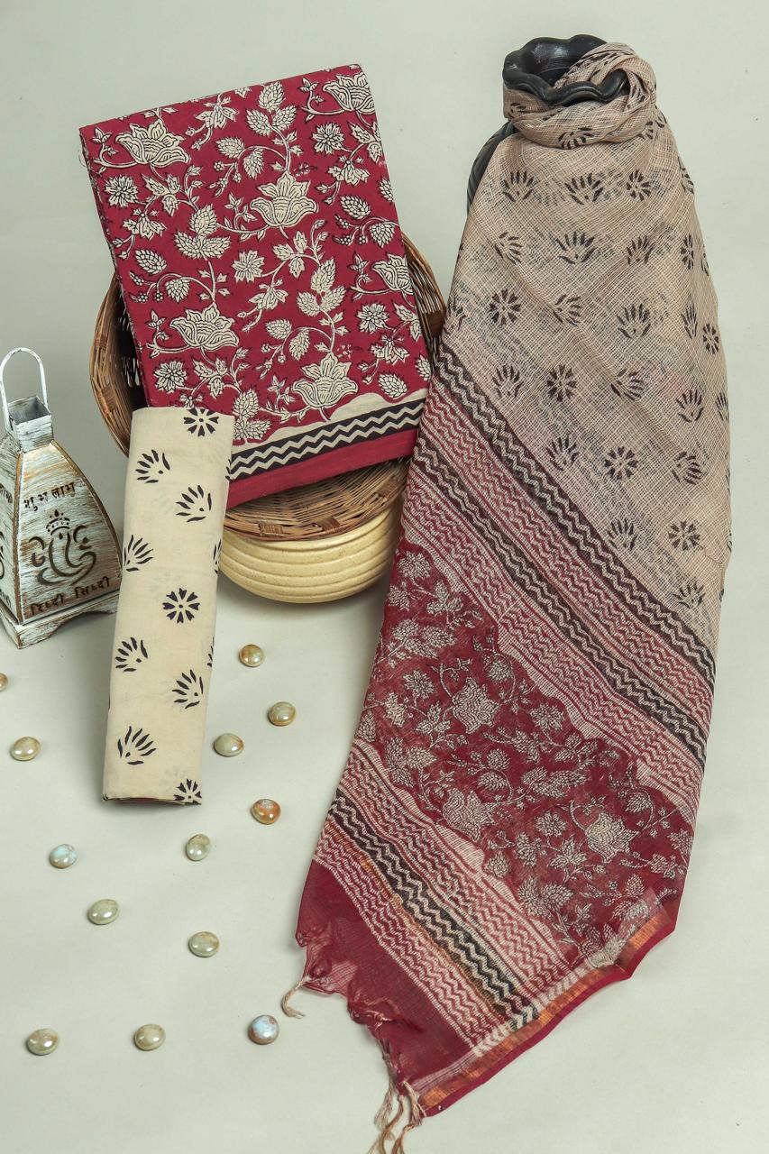 Pure Cotton Hand Block Printed Suit Set With Kota Doria Dupatta