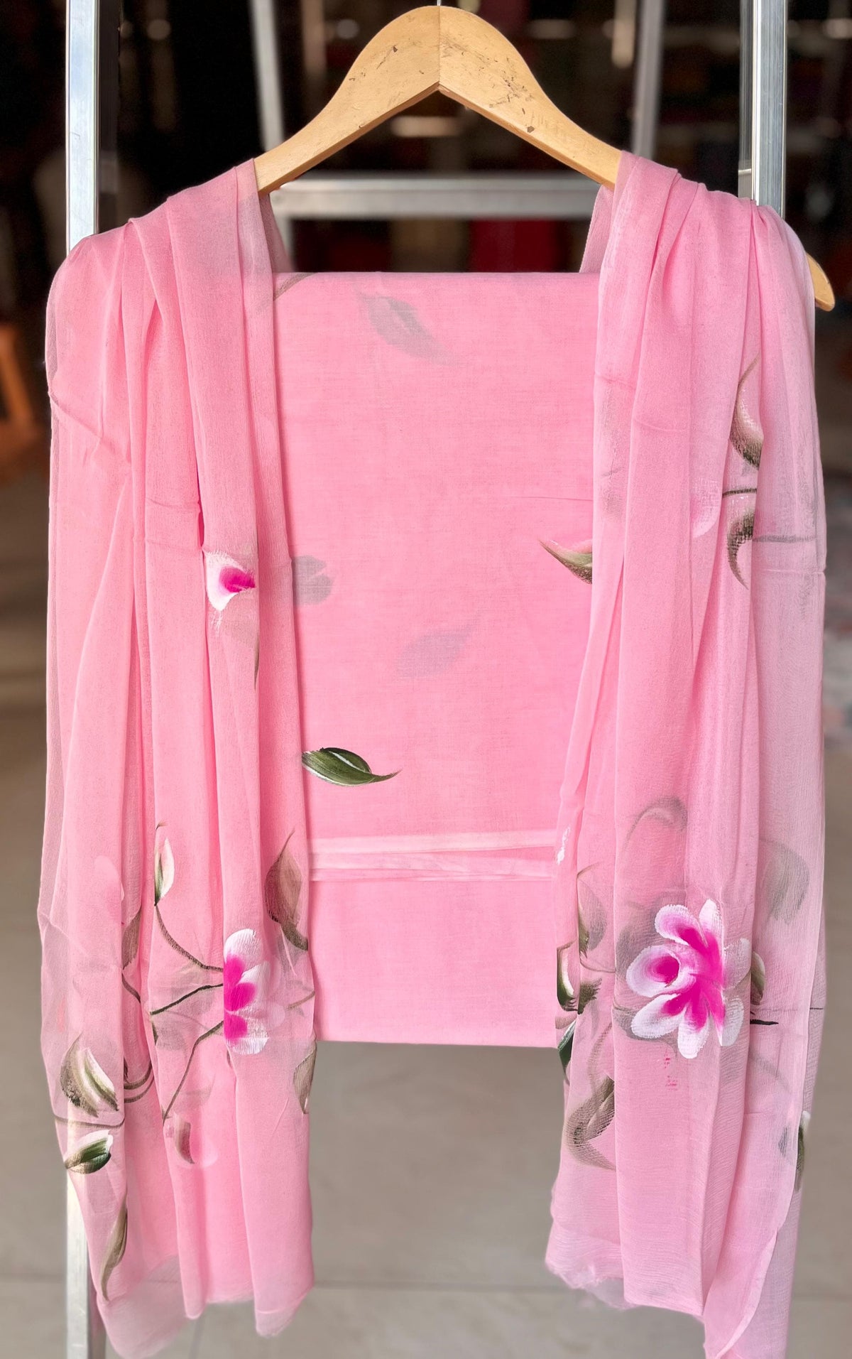 Pure Cotton Hand Block Printed Suit Set With Chiffon Dupatta