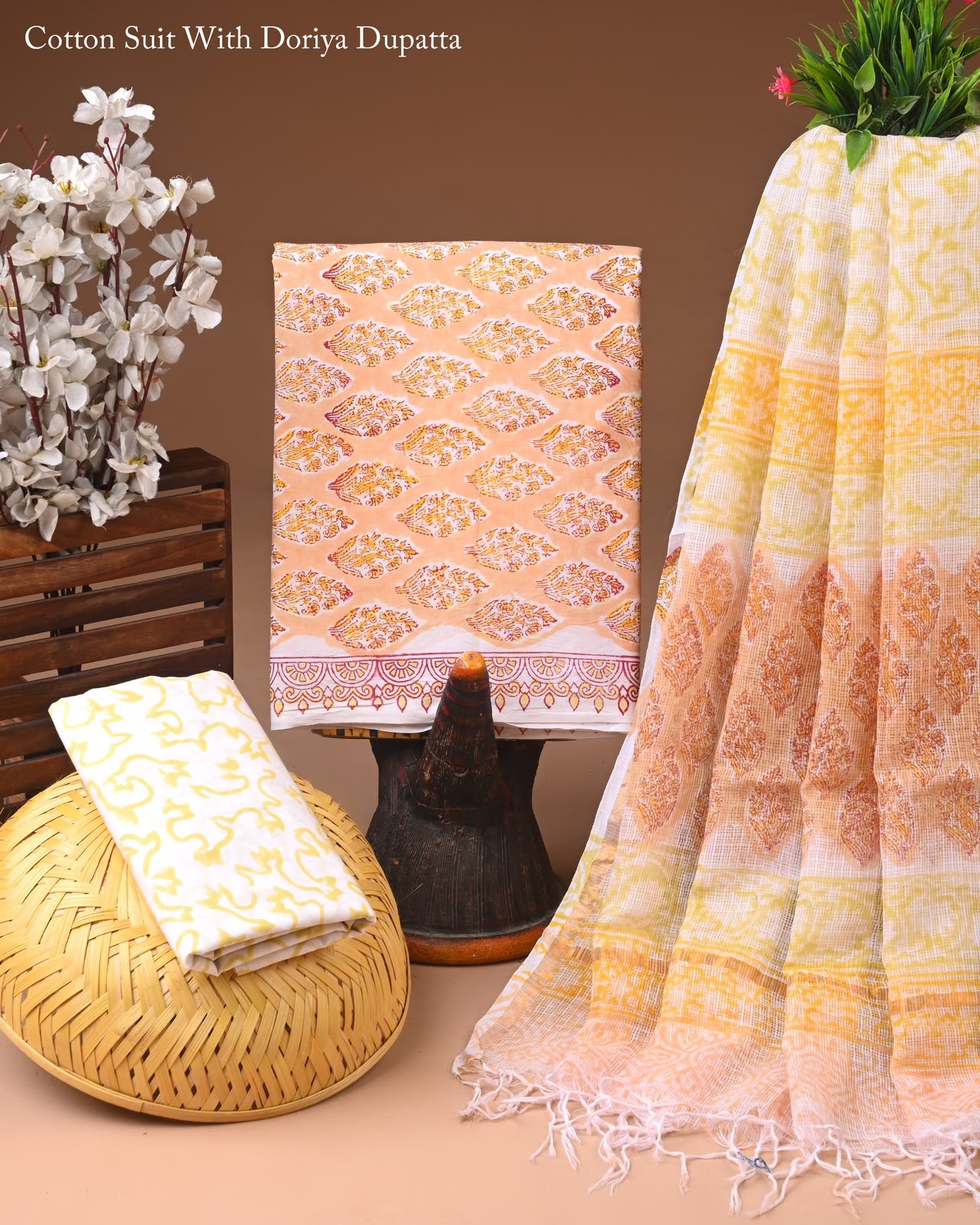 Pure Cotton Hand Block Printed Suit Set With Kota Doria Dupatta