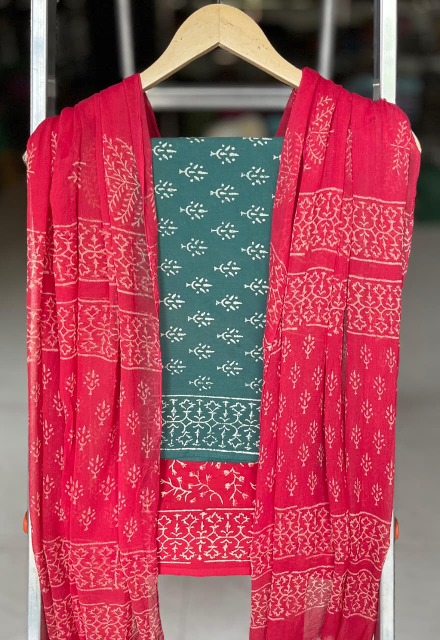 Pure Cotton Hand Block Printed Suit Set With Chiffon Dupatta