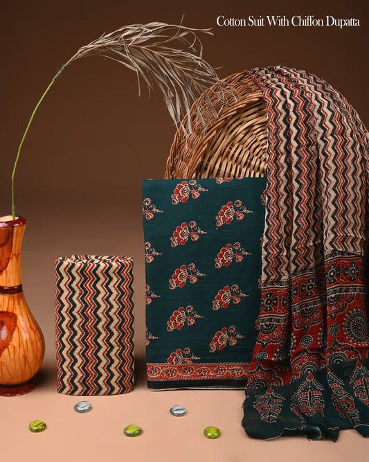 Pure Cotton Hand Block Printed Suit Set With Chiffon Dupatta