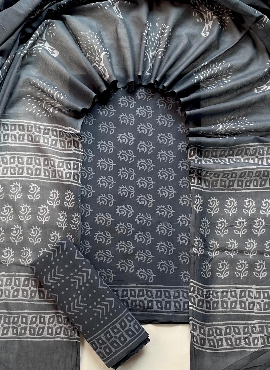 Pure Soft Cotton Hand Block Printed Suit Set With Cotton Dupatta
