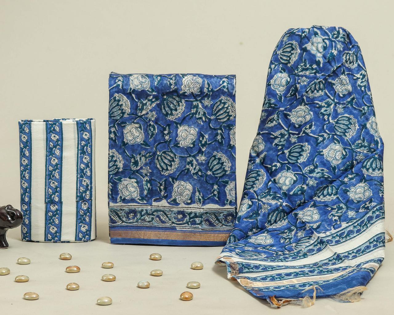 Designer Handblock Printed Chanderi Silk Suit Set
