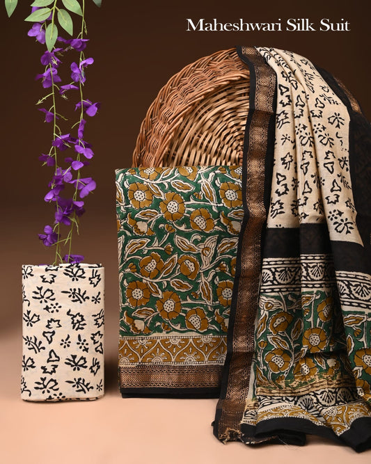 Premium Designer Handblock Printed Maheshwari Silk Suit Set