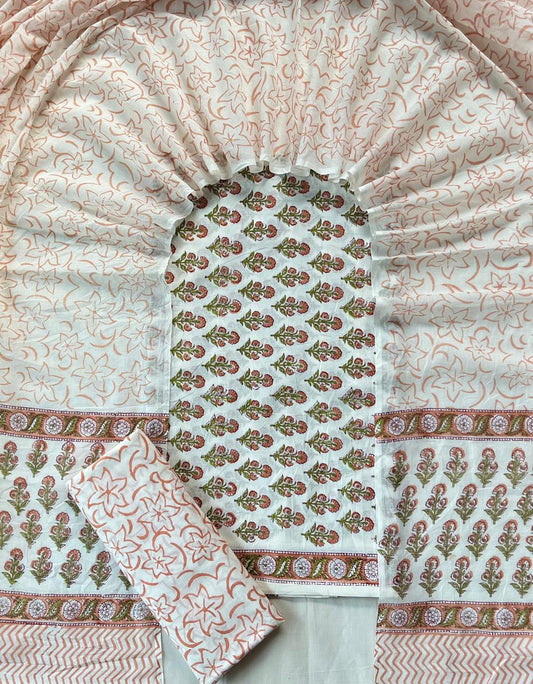 Pure Soft Cotton Hand Block Printed Suit Set With Cotton Dupatta