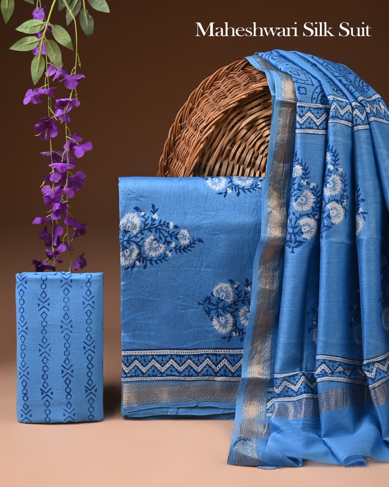 Premium Designer Handblock Printed Maheshwari Silk Suit Set