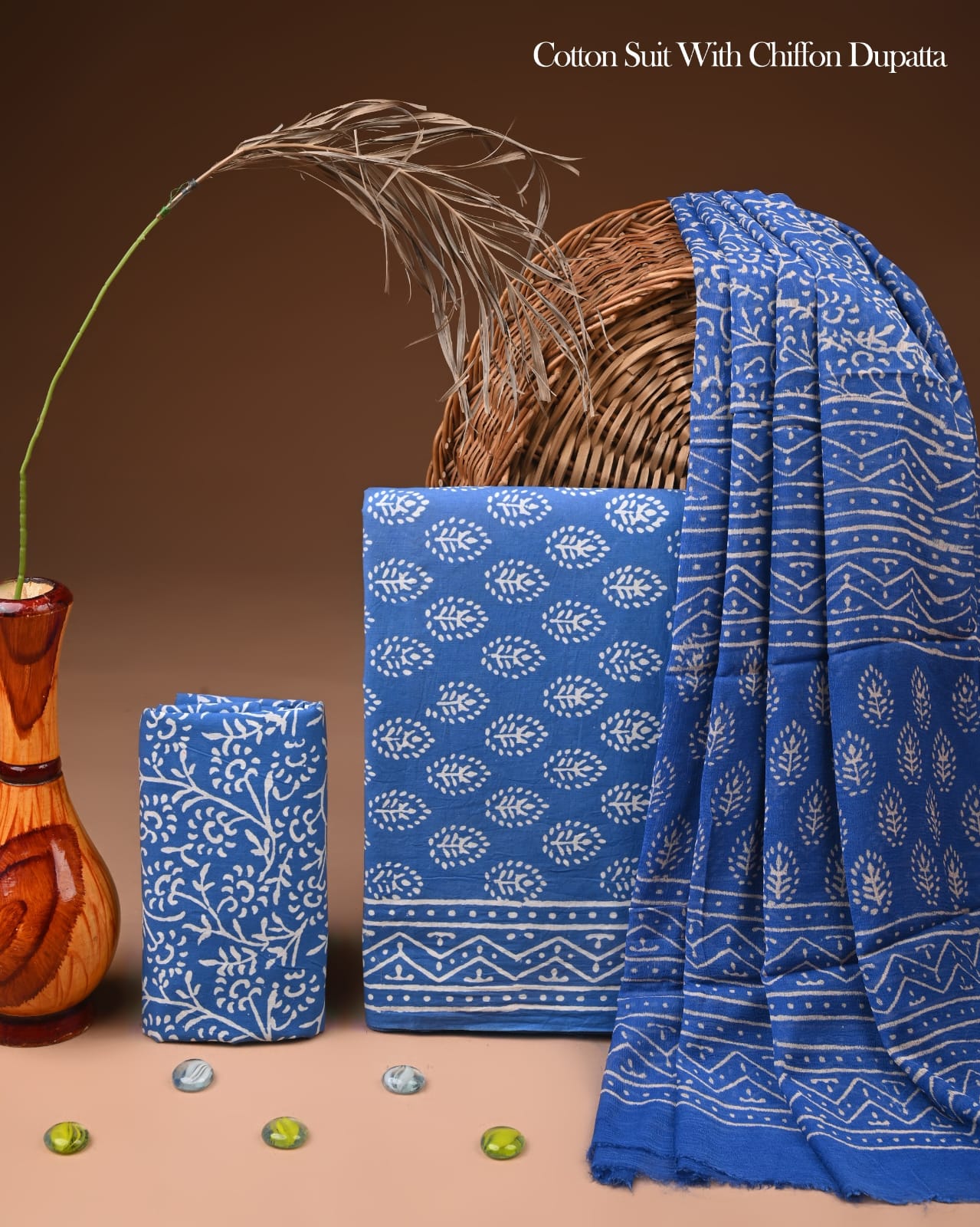 Pure Cotton Hand Block Printed Suit Set With Chiffon Dupatta