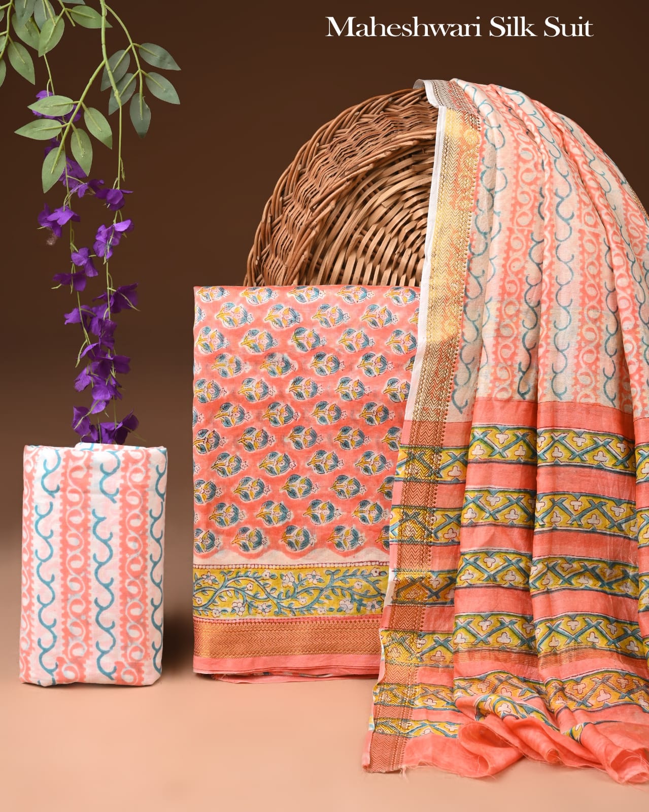 Premium Designer Handblock Printed Maheshwari Silk Suit Set
