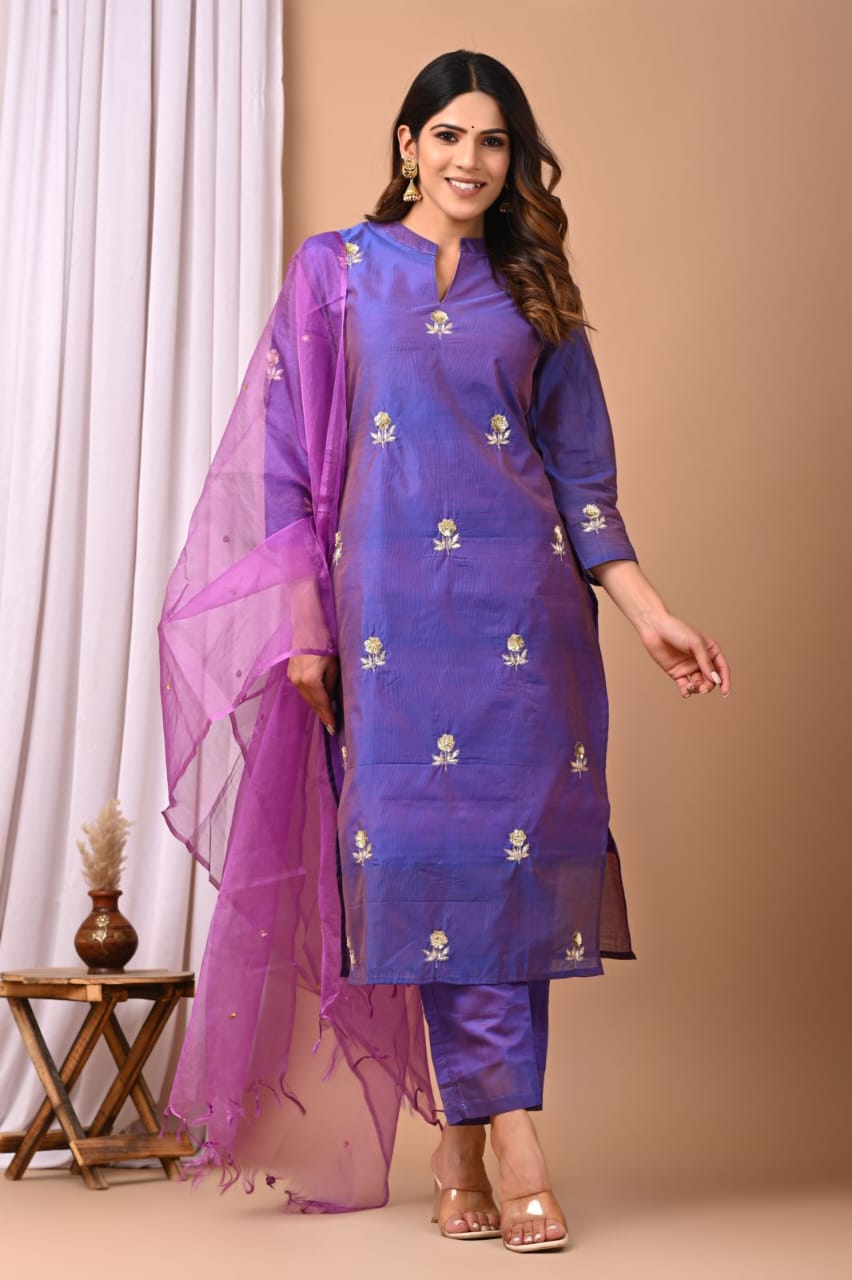 Elegant Coral Chanderi Silk Hand-Embroidered Suit Set with Dupatta