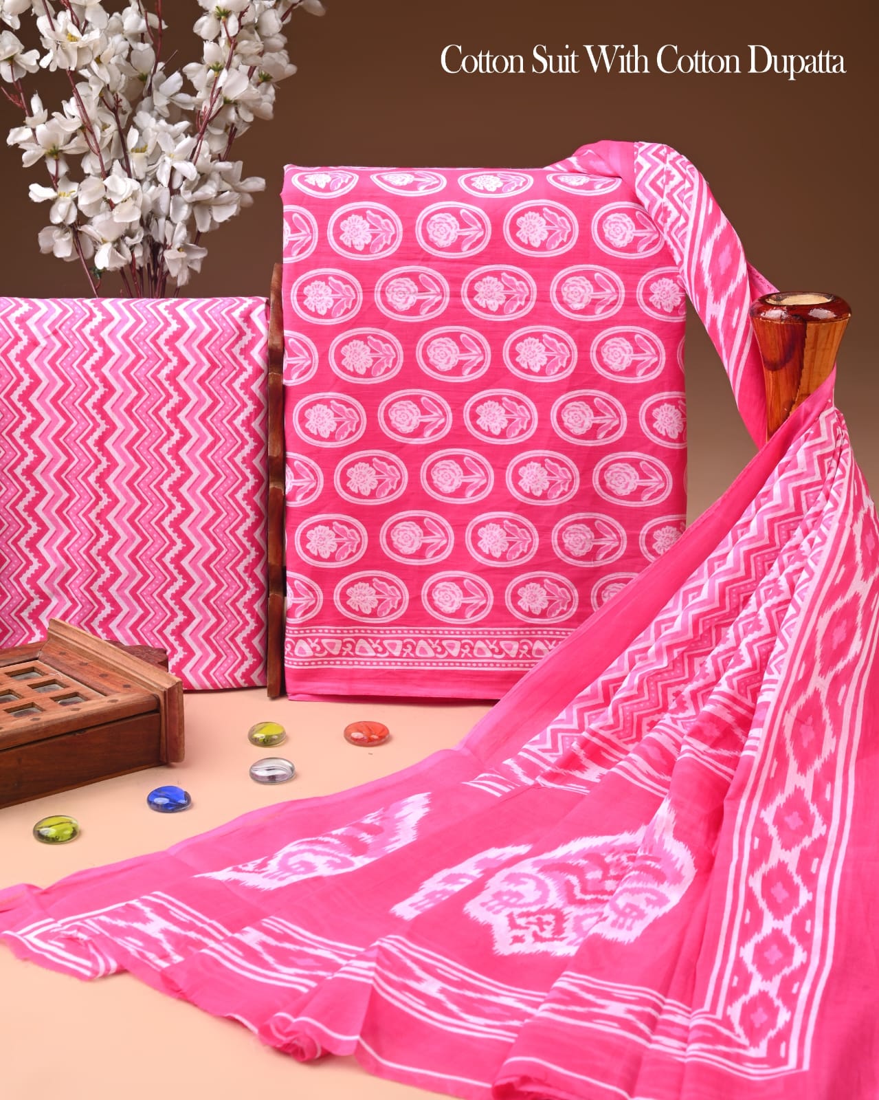 Pure Soft Cotton Hand Block Printed Suit Set With Cotton Dupatta