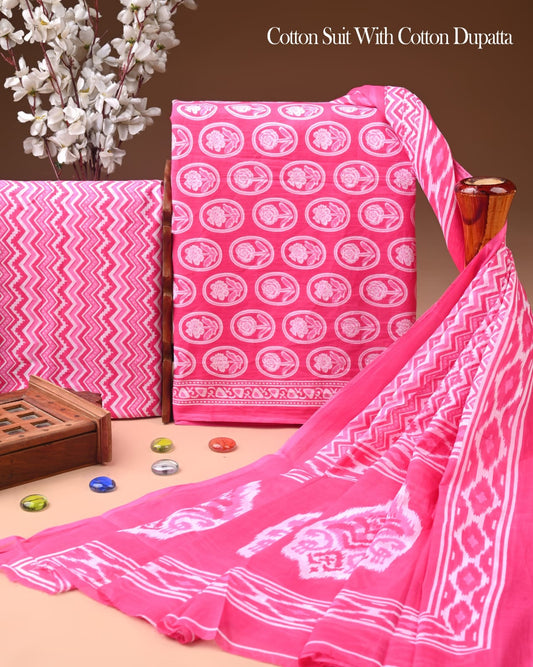 Pure Soft Cotton Hand Block Printed Suit Set With Cotton Dupatta