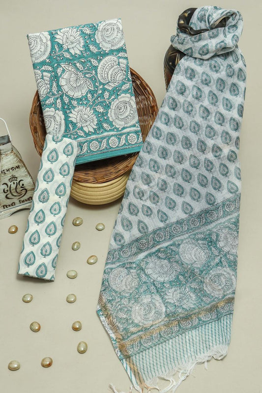 Pure Cotton Hand Block Printed Suit Set With Kota Doria Dupatta