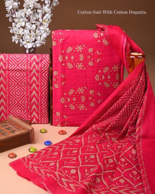Designer Hand Block Printed Cotton Suit Set With Cotton Dupatta