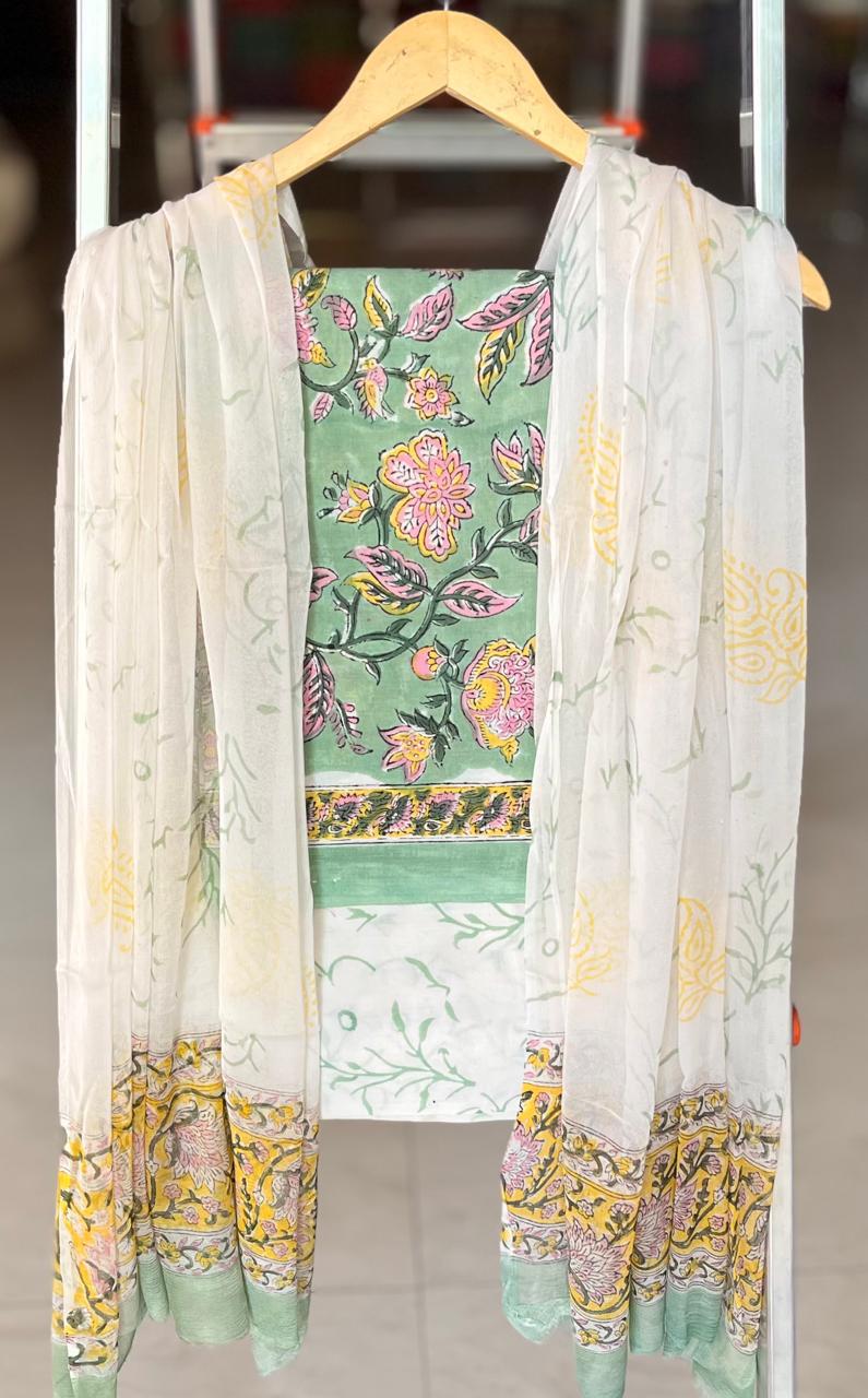 Pure Cotton Hand Block Printed Suit Set With Chiffon Dupatta