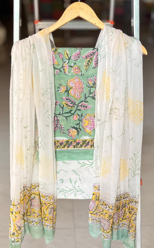 Pure Cotton Hand Block Printed Suit Set With Chiffon Dupatta