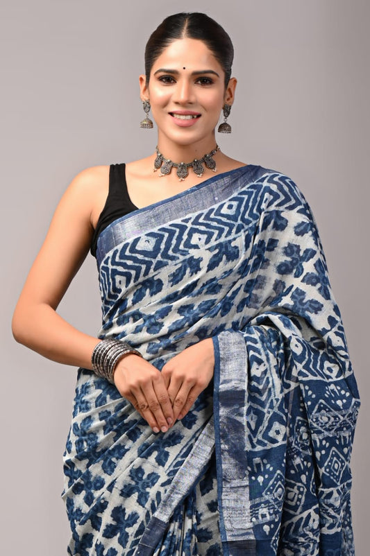 Pure Cotton Linen Handblock Printed Saree With Blouse