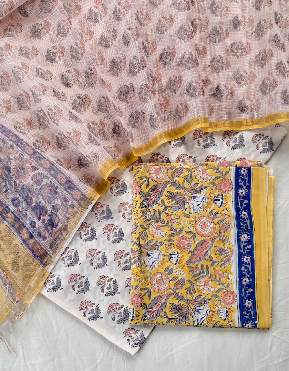 Pure Cotton Hand Block Printed Suit Set With Kota Doria Dupatta
