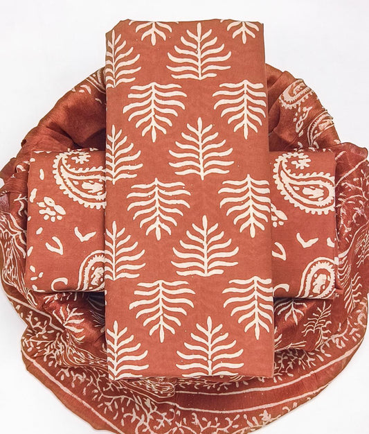 Pure Cotton Hand Block Printed Suit Set With Chiffon Dupatta