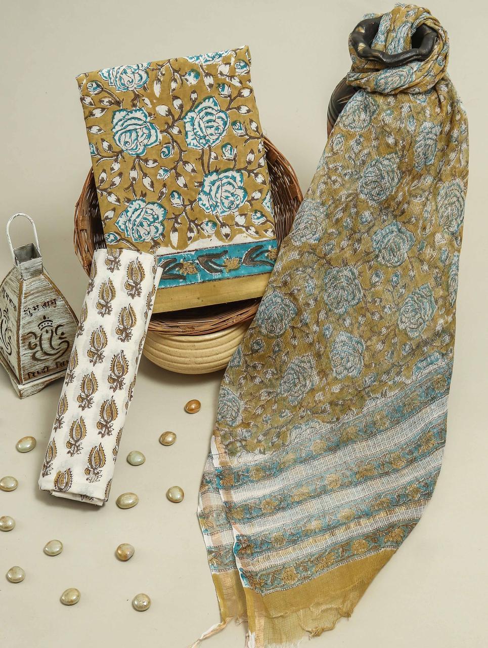 Pure Cotton Hand Block Printed Suit Set With Kota Doria Dupatta