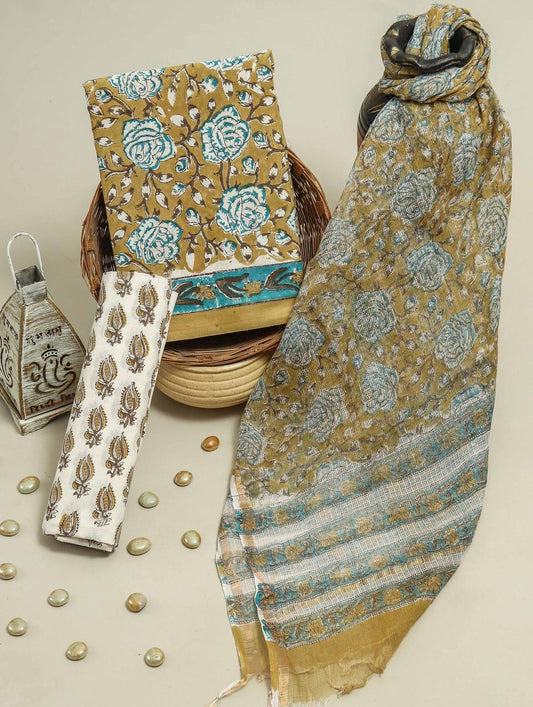 Pure Cotton Hand Block Printed Suit Set With Kota Doria Dupatta