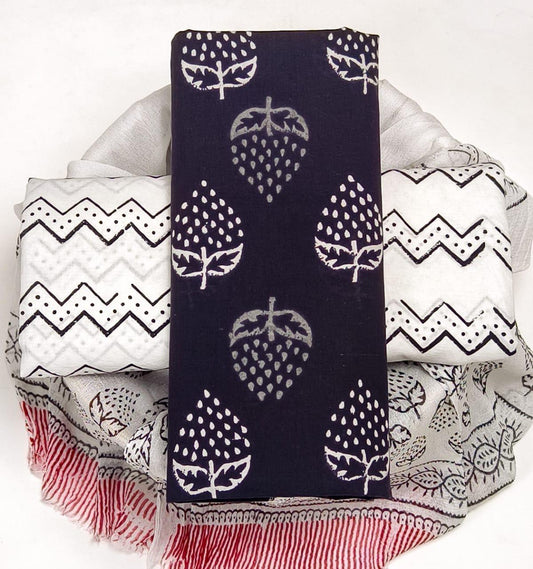 Pure Cotton Hand Block Printed Suit Set With Chiffon Dupatta