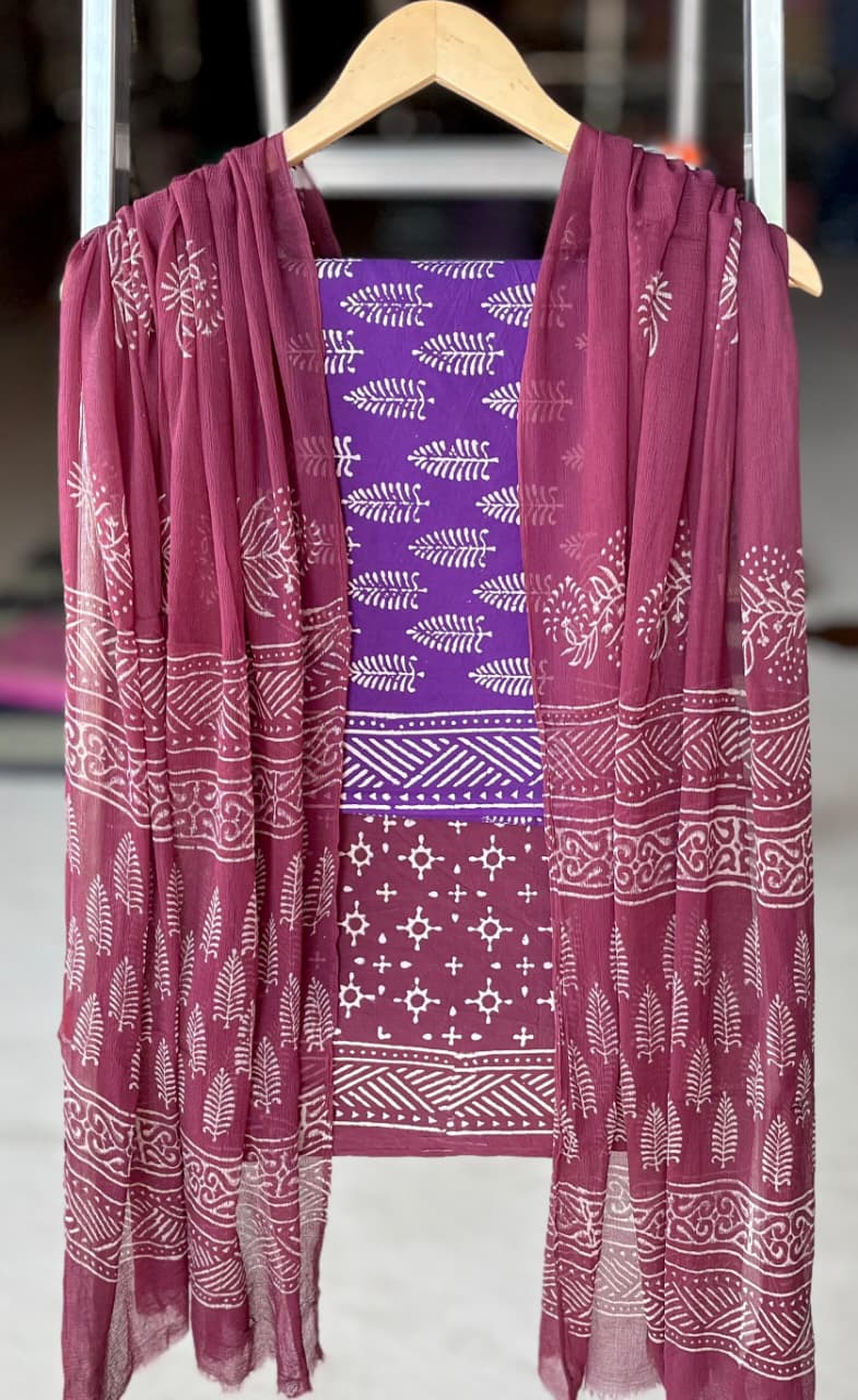 Pure Cotton Hand Block Printed Suit Set With Chiffon Dupatta