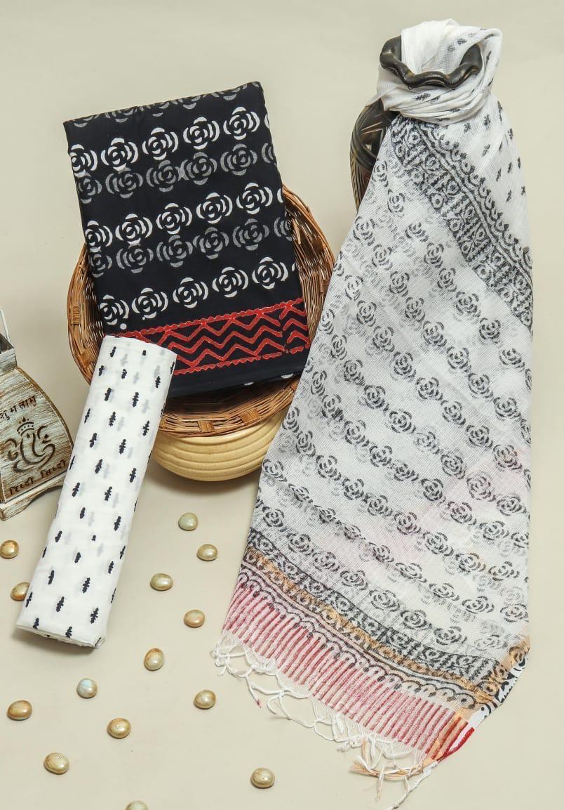 Pure Cotton Hand Block Printed Suit Set With Kota Doria Dupatta