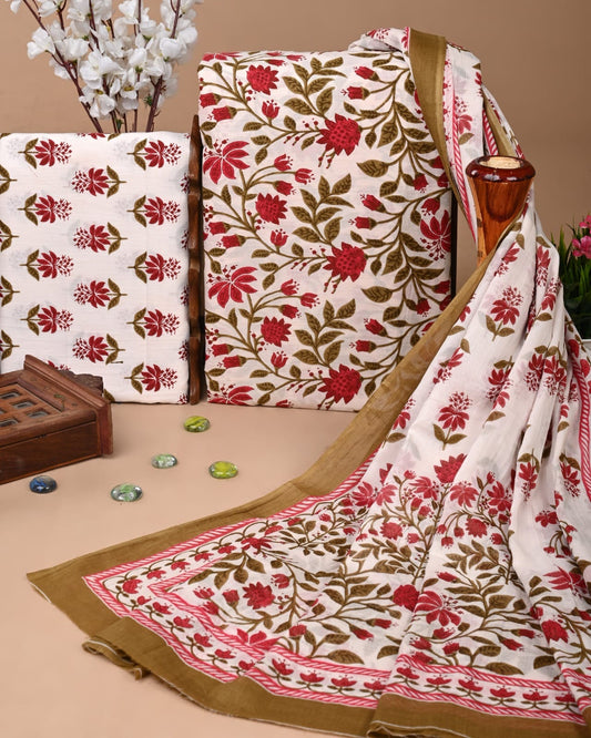 Designer Hand Block Printed Cotton Suit Set With Cotton Dupatta