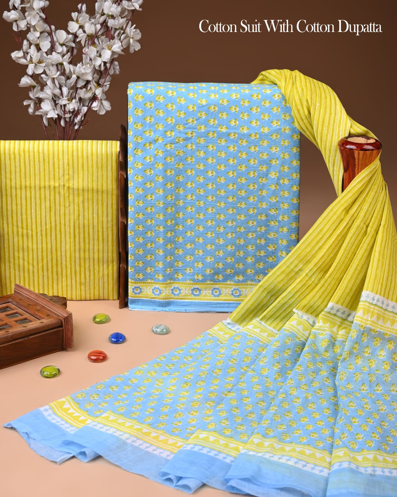 Pure Soft Cotton Hand Block Printed Suit Set With Cotton Dupatta