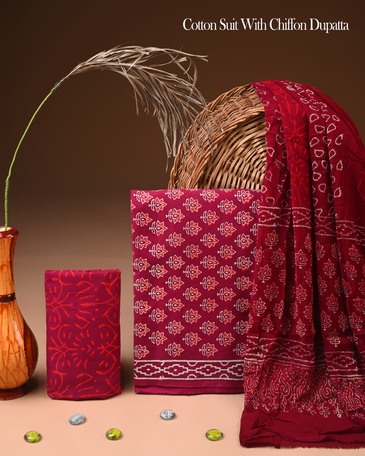 Pure Cotton Hand Block Printed Suit Set With Chiffon Dupatta
