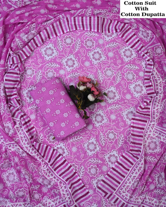 Designer Hand Block Printed Cotton Suit Set With Cotton Dupatta