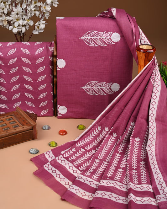 Designer Hand Block Printed Cotton Suit Set With Cotton Dupatta
