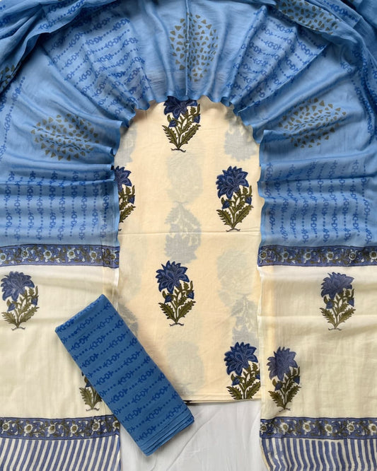 Pure Soft Cotton Hand Block Printed Suit Set With Cotton Dupatta