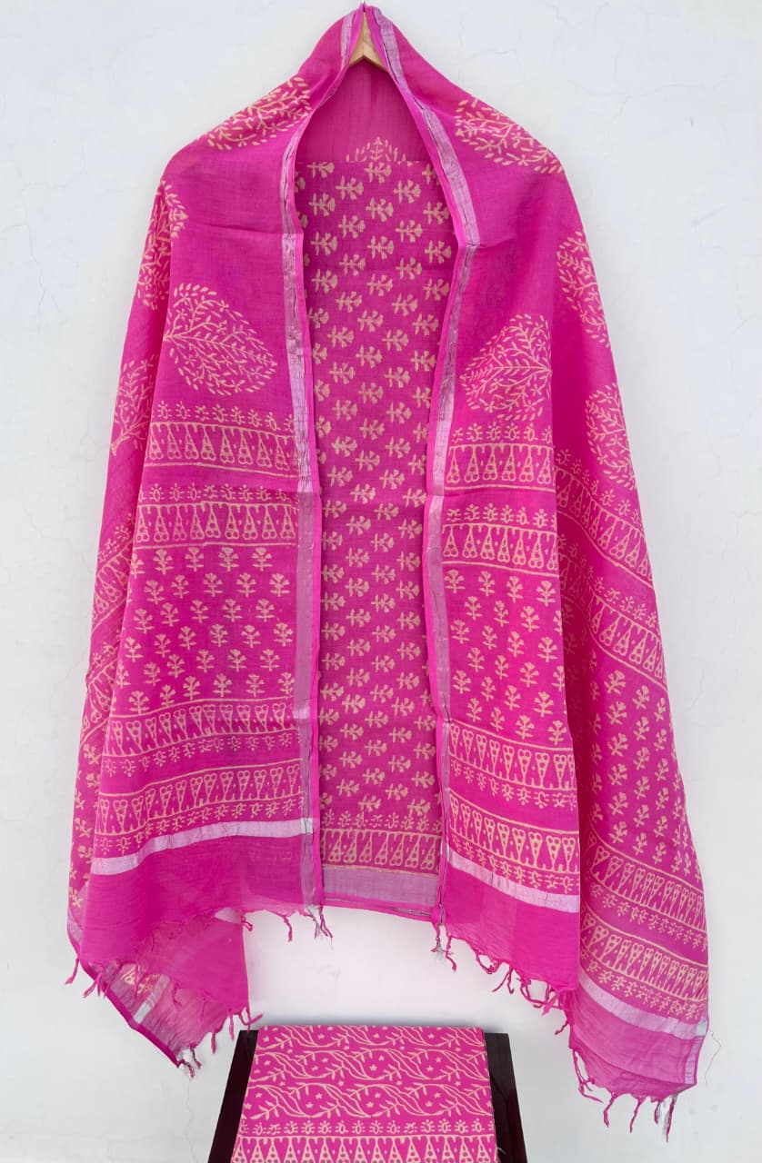 Premium Cotton Linen Hand Block Printed Cotton Linen Suit Set