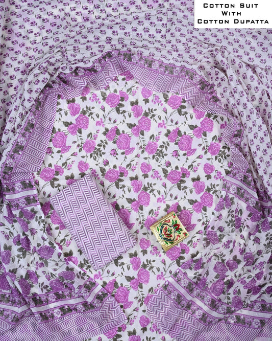 Designer Hand Block Printed Cotton Suit Set With Cotton Dupatta