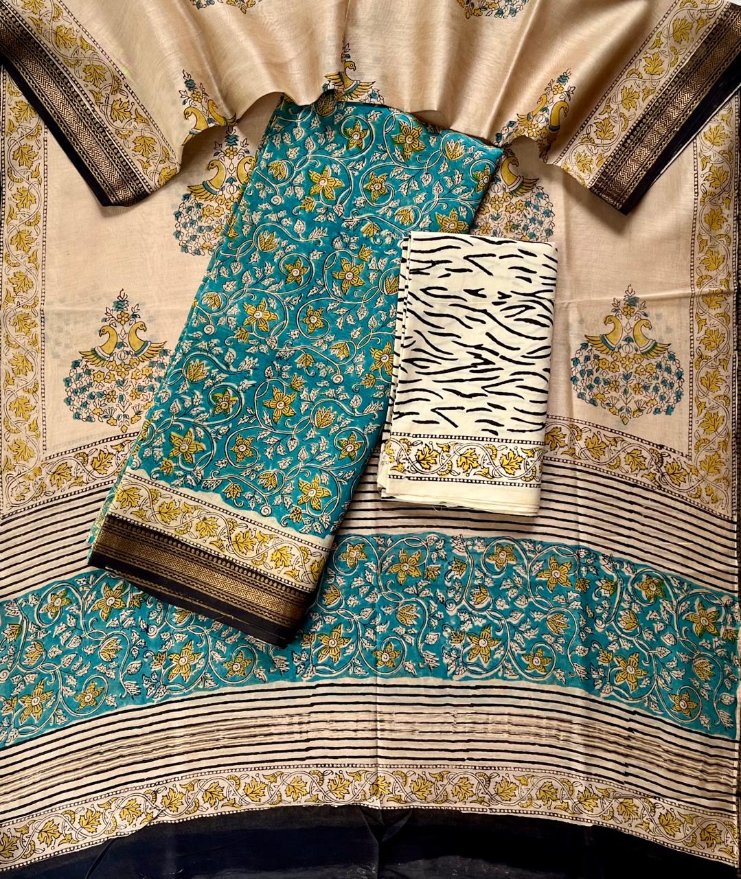 Premium Designer Handblock Printed Maheshwari Silk Suit Set