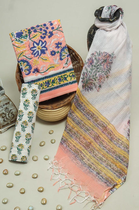Pure Cotton Hand Block Printed Suit Set With Kota Doria Dupatta