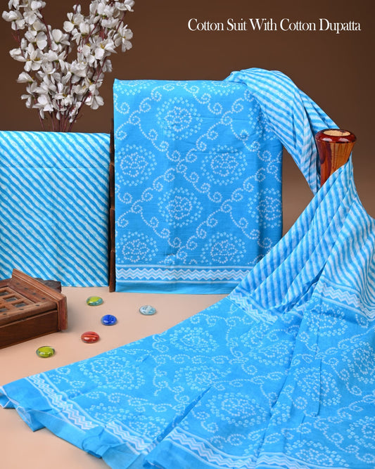 Designer Hand Block Printed Cotton Suit Set With Cotton Dupatta