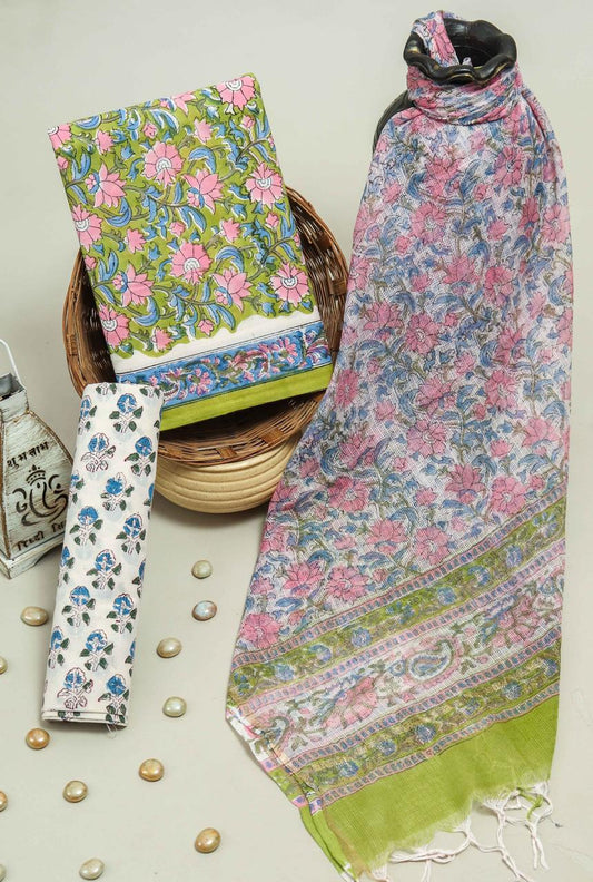 Pure Cotton Hand Block Printed Suit Set With Kota Doria Dupatta