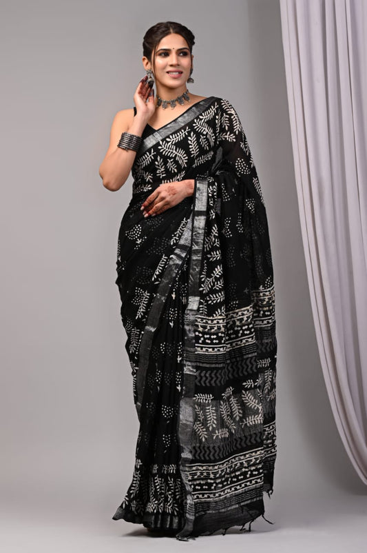 Pure Cotton Linen Handblock Printed Saree With Blouse