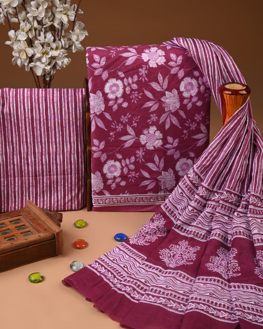 Designer Hand Block Printed Cotton Suit Set With Cotton Dupatta