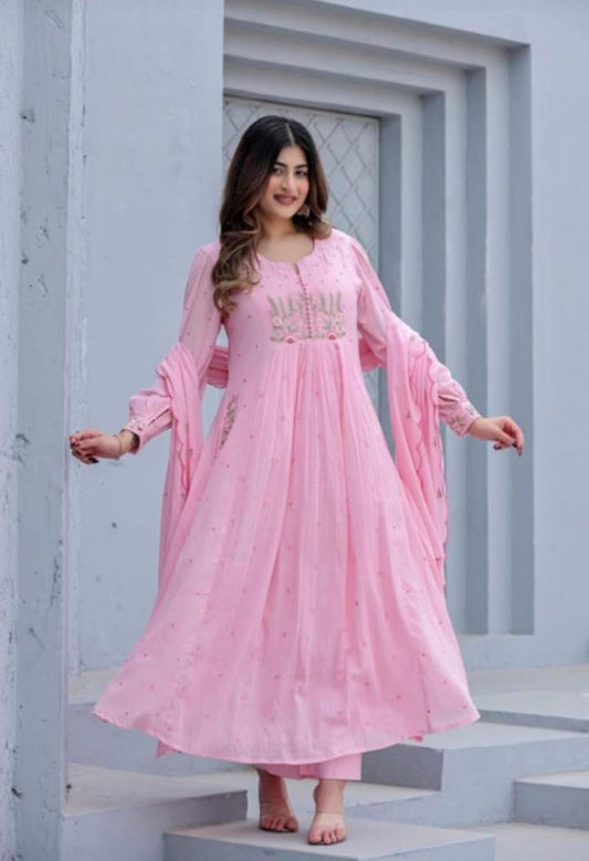 Pure Cotton Anarkali Suit Set With Beautiful Embroidery Work