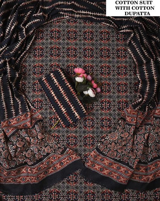 Designer Hand Block Printed Cotton Suit Set With Cotton Dupatta
