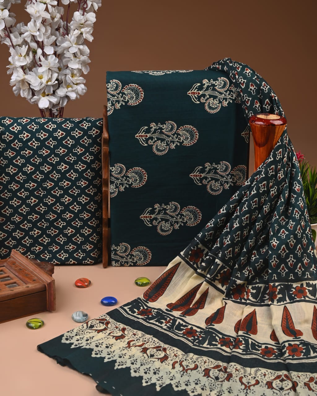 Designer Hand Block Printed Cotton Suit Set With Cotton Dupatta
