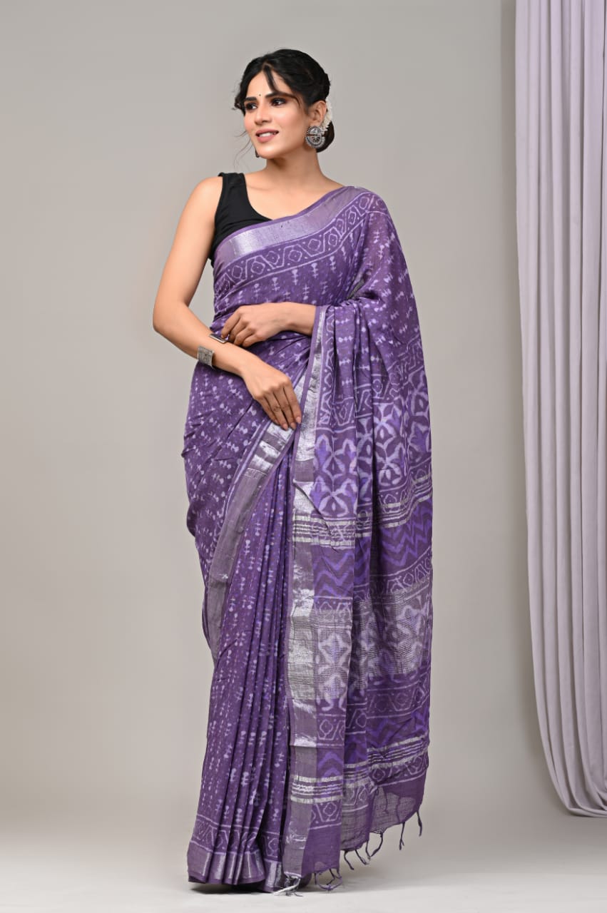 Pure Cotton Linen Handblock Printed Saree With Blouse