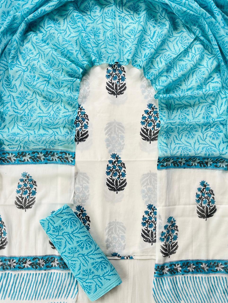 Pure Soft Cotton Hand Block Printed Suit Set With Cotton Dupatta