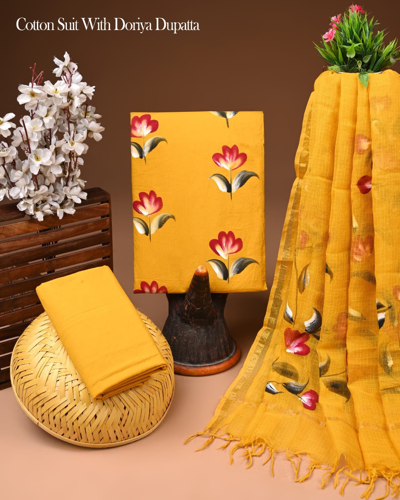 Pure Cotton Hand Block Printed Suit Set With Kota Doria Dupatta
