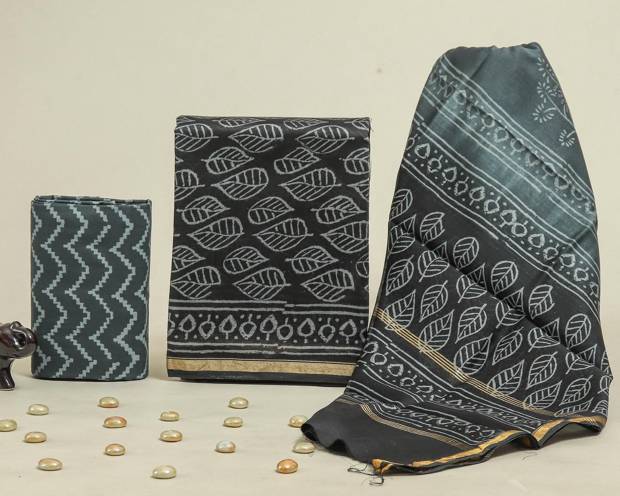 Designer Handblock Printed Chanderi Silk Suit Set
